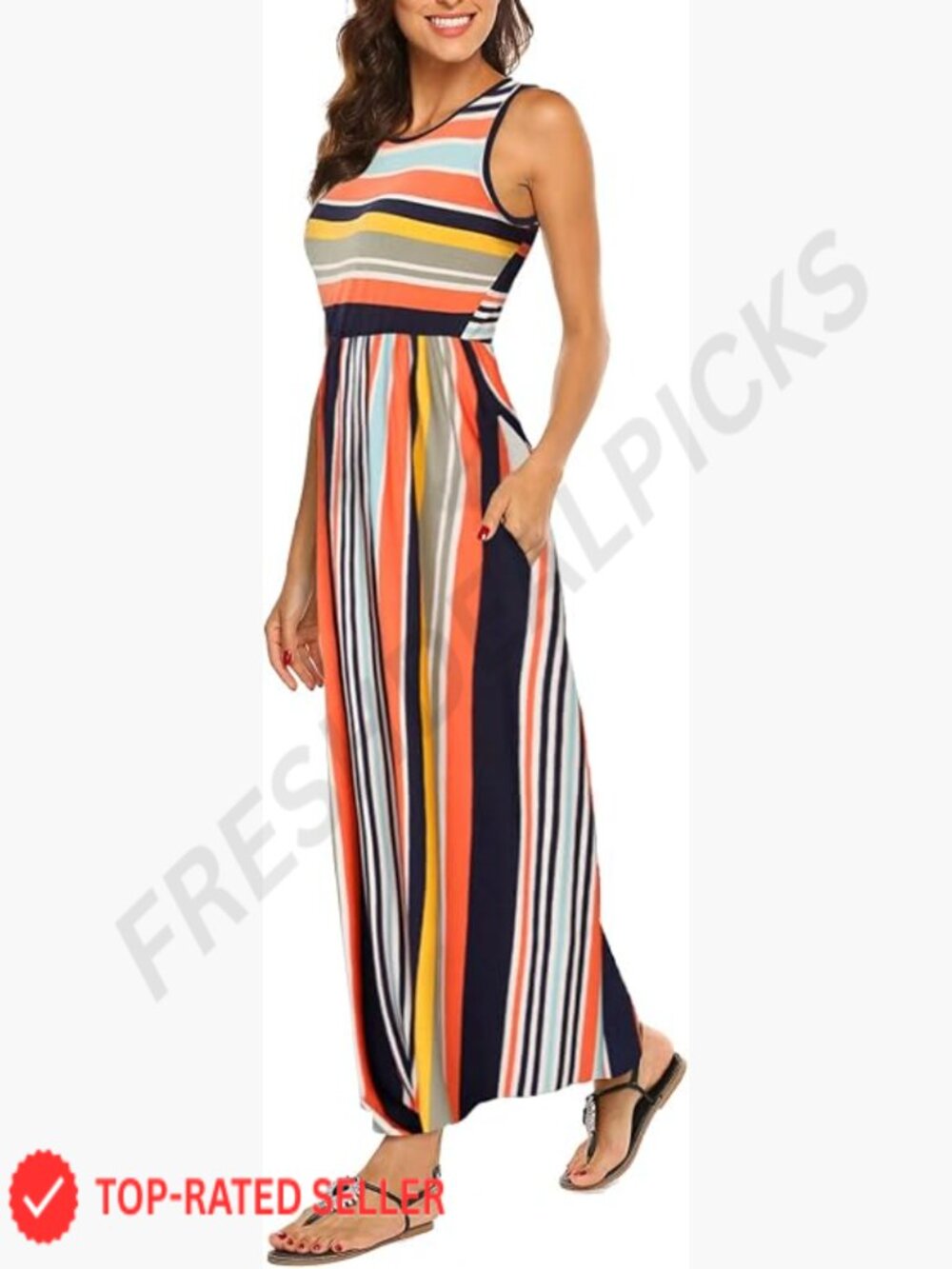 Sleeveless Striped Maxi Dress with Pockets Flowy Casual Long Summer Dress
